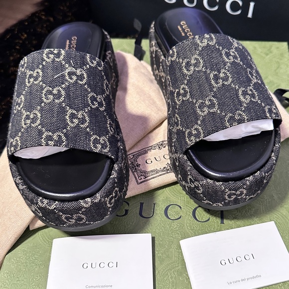 💯🌺 GUCCI Angelina GG logo denim platform slides sandals - Picture 11 of 12